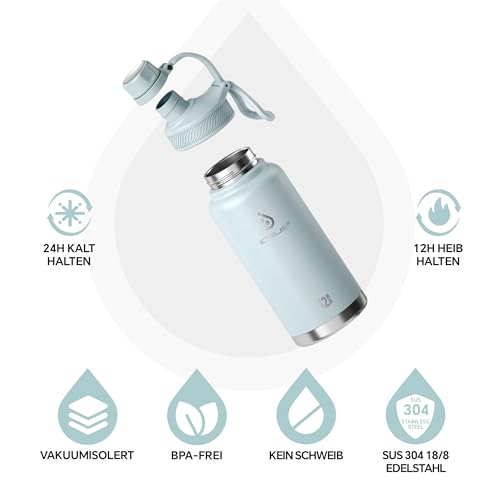 Ideus Vakuumisolierte Wasserflasche, 950 ml Edelstahl Doppelwand Flasche Metall Sport Kantine mit auslaufsicherem Schraubverschluss – Ansicht 2
