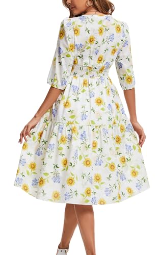 Image of Kormei Women Summer Casual Boho Floral Round Neck 3 /4 Sleeve Smocked Waist Tiered Flowy Swing Midi Dress L White /Yellow Floral