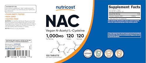 Image of Nutricost N-Acetyl L-Cysteine (NAC) 1000mg, 120 Vegan Tablets, Gluten Free | Vegetarian Supplement, GMO-Free