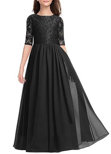 HOSIKA Flower Girls Dress Elegant Vintage Lace Chiffon A-Line Formal Birthday Wedding Party Floor Length Dress 6-13 Years