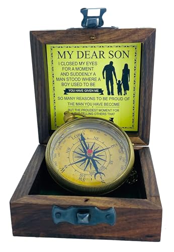 Brújula de latón MADSNIIB con cadena y caja de madera, regalo grabado para graduación "My Dear Son", brújula náutica artesanal, idea vintage para Navidad, Acción de Gracias y Año Nuevo miniatura 2