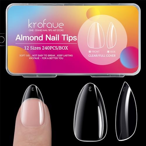 Krofaue 240PCS Almond Nail Tips, Flexible Gel Clear False Nails, 12 Sizes