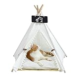 Pet Tent/Tipi for Cats & Dogs - Washable Canvas, Foldable Pet Teepee with Anti-Slip Base & Detachable Cushion | Indoor/Outdoor Safe Shelter for Pets Up to 66lbs-White Flower Buds-M