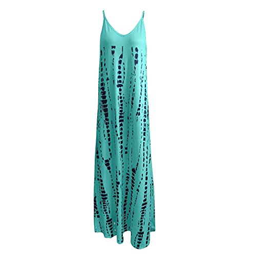 Trendy Casual Long Dresses For Women,Sexy Tie-Dye Spaghetti Strap V Neck Maxi Dress Summer Beach Vacation Loose Fitting Sundress Plus Size Sleeveless Homecoming Going Out Dress(A Sky Blue,4X-Large) #TOP2