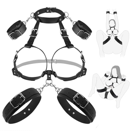 Image of BDSM Sex Bondage Breast Restraints Wrist & Thigh Cuffs, B to E Cup Boobs Bondage Gear Kit Leg Straps Handcuffs Bed Restraints Fetish Couples Kinky Sex Toys for Women Beginner SM Game Play