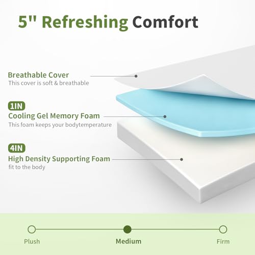 Image of FDW | 5 Inch Twin XL Mattress | Medium Firm | Gel Memory Foam Mattress | White | Bed in a Box, CertiPUR-US Certified | Pressure Relief, Cooling Ventilated Foam | Washable Removable Cover
