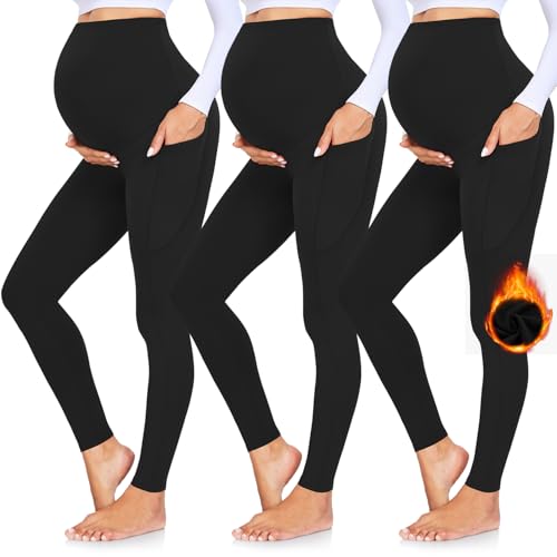 GROTEEN 3 Pack Womens Fleece Lined Maternity Leggings Over The Belly with Pockets Warm Thick Womens Activewear Pregnant Winter Clothes Black/Black/Black