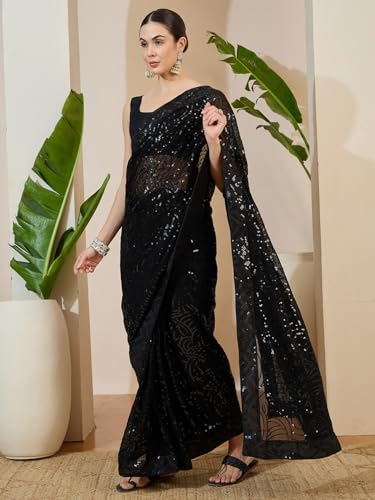 Image of AKHILAM Women's Shimmer Pure Georgette Embroidered Ready To Wear one Minute Saree With Unstitched Blouse Piece