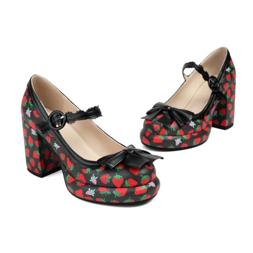 Shinelly Platform Chunky Heels Cute Strawberry Mary Janes Round Toe High Heel Kawaii Pump Shoes2