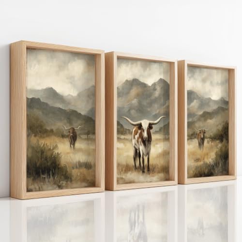 Décoration pour Chambre et Salon Rustique Ensemble 3 Toiles Paysage Vache