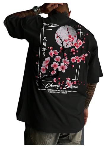 GORGLITTER Men's Japanese Letter Graphic Tee Top Oversized Short Sleeve Casual Aesthetic Print T-Shirt