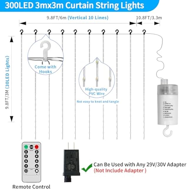 Curtain Lights Battery Powered 10*10Ft 300LED Waterproof Waterfall Light with 8 Modes Remote Dimmable Timer Memory Twinkle Fairy String Lights for Indoor Outdoor Gazebo Wedding Party Pergola Christmas