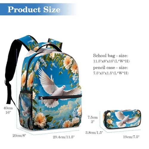 Cartable colombe et fleur avec trousse pour l'école primaire et le collège