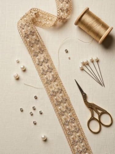 Image of Strala Golden Color Laces for Dresses, Sarees, Lehenga, Suits, Bags, Decorations, Borders, Crafts and Home Decor,Blouse (3 mtr) Design-117 (Premium moti jarkan)