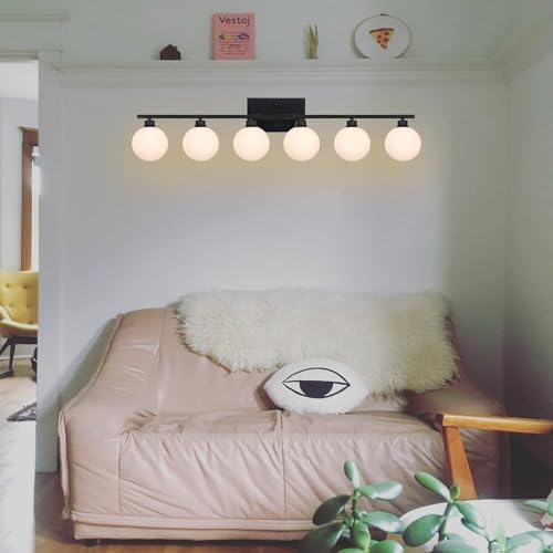 Image of Yaohong 6-Light Matte Black Bathroom Vanity Light Fixtures Over Mirror Mid Century Modern Light Fixture with Milk White Glass Globe Wall Sconce (Included Bulb)