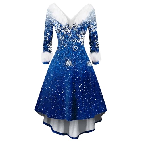 Womens Christmas Dress V-Neck Fuzzy Long Sleeve 1950S Retro Dresses Fashion Xmas Snowflake Printed Slim Fit A-Line Dresses