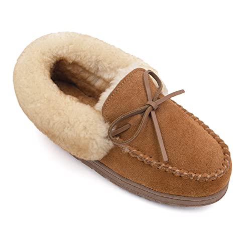 surell Women's Sheepskin and Shearling Moccasins - Warm Winter Slippers - Fuzzy Slides Tan Natural Slippers with Leather Tie2