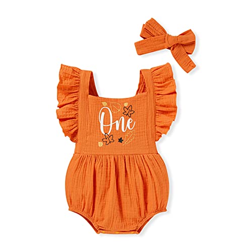 GRNSHTS Newborn Baby Girls First Birthday Outfits Cute Backless Ruffles Romper with Headband Jumpsuits (Orange, 9-12 Months)