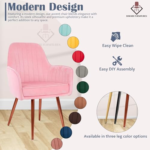 Image of Plush Dining Chair | Accent Chair for Living Room Bedroom Restuarant | Velvet Fabric & Thick Cushion Seat with Sturdy Glossy Metal Legs (Bronze Legs, Baby Pink)