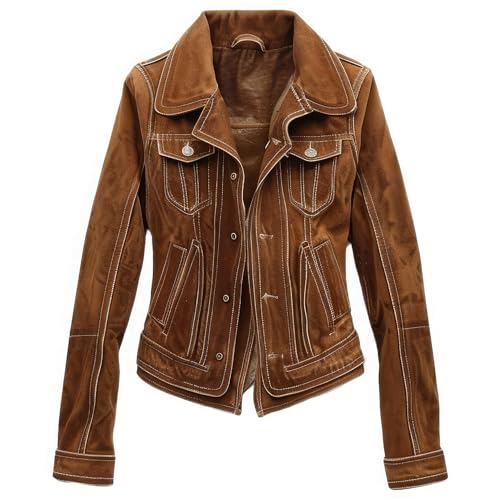 Salaar & Co Women's Brown Genuine Suede Trucker Leather Jacket, Button-up Style, Lightweight Design