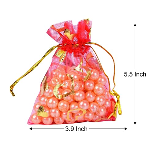 Image of Beingelegant - (10 cm X 15 Cm) (100 pcs) Gold Colour Potli Bags for Return Gift, For Wedding Party Favor Printed Gift Bags I Re Usable Net Pouch