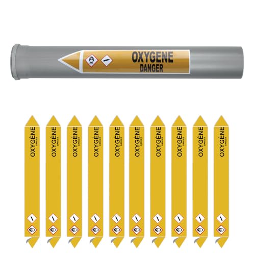 Aluplex Signalétique - Planche de 10 marqueurs de tuyauterie GAZ (Ø DM 10 à 25) pour fluide OXYGÈNE / 150 x 12mm