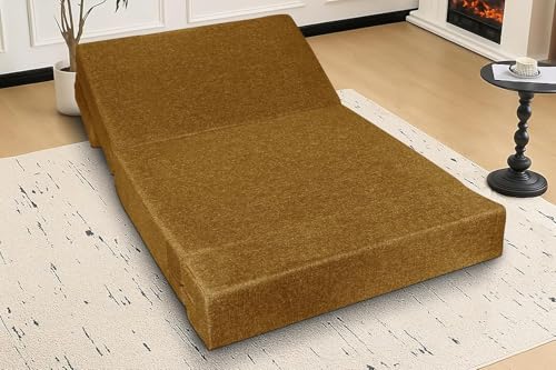 Image of Foldable 1 Seater Sofa Cum Bed, Sofa Bed 3 X 6 Feet, Jute Fabric- Washable Cover- Including One Cushion Perfect for Home & Office - Golden Color