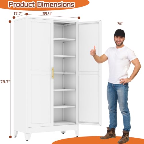 Image of White Metal Storage Cabinet, 79 inch Steel Cabinets for Home Office | Kitchen Pantry Storage Cabinet with Doors, 5 Adjustable Shelves, Metal Pantry Cabinet, for Office, Home, School 40 inch W