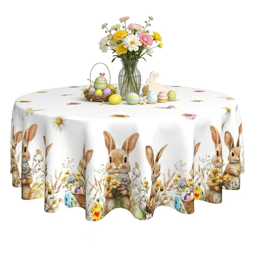 Image of Easter Round Tablecloth 60 x 60 Inch Flowers Rabbit Eggs Table Cover Waterproof Wipeable for Kitchen Restaurant Home Parties Holiday Decor