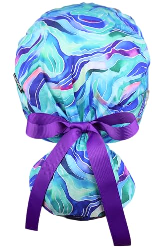 Image of Scrub Cap for Women and Men, Ponytail Scrub Caps, Working Hat, Head Cover with Ribbon Ties and Buttons, Long Hair