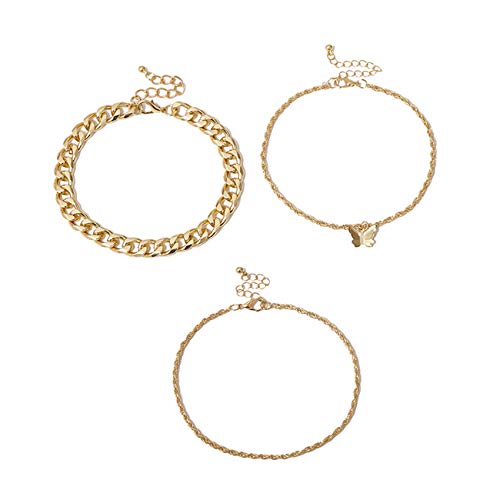 Hsakess 3pcs Butterfly Layered Ankle Bracelets Set Beach Adjustable Foot Jewelry for Women,Golden