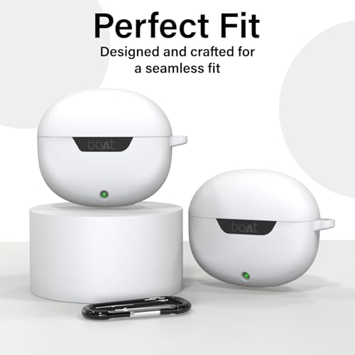 Image of Sounce Earphone Case Cover for Boat Airdopes 300 Premium TWS Soft Silicone Skin Case Cover Shock Absorbing Protective Case with Keychain [Front LED Visible] - White