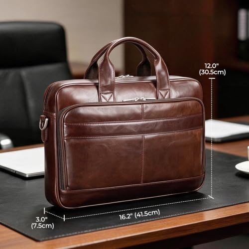Image of Augus Leather Briefcase for Men, 16 Inch, Full-Grain Leather, YKK Zipper