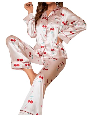 WDIRARA Women's 2 Piece Satin Sleepwear Cherry Print Long Sleeve Sleep Shirt and Pants Pajama Set4