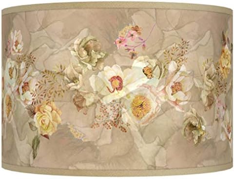 Drum Print Lamp Shade Floral Spray Beige Pink Yellow Small 12" Top x 12" Bottom x 8.5" High Spider with Replacement Harp and Finial Fitting - Giclee Glow