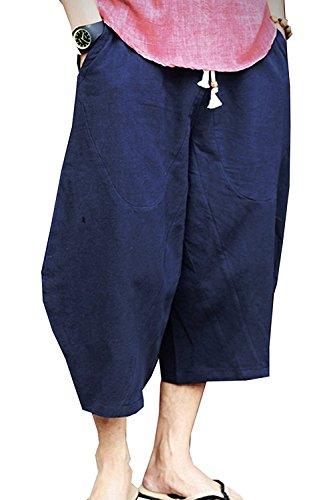 Banana Bucket Men s Patchwork Shorts Loose Linen Harem Capri Pants Dark Blue