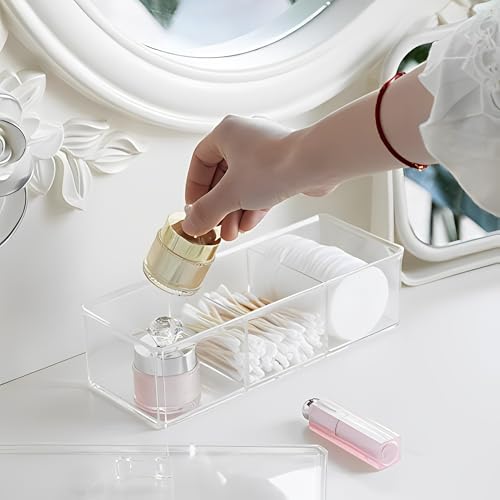 Image of Sooyee Qtip Holder Rectangle Cotton Ball and Swab Holder Organizer with Lid, Dustproof,Waterproof,Clear Acrylic 3 Compartment Cotton Pad Container for Cotton Swabs, Make Up Pads, Cosmetics