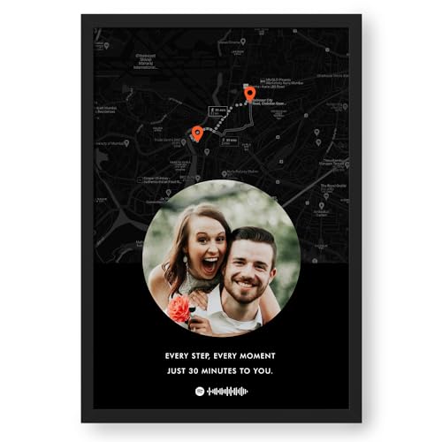 Image of Ritwika's Personalized Picture Frame With Long Distance Map Black - Customize Your Photo, Message, Place And Song | For Couples and Friends | In Two Size 9.5 x 13.5 & 13.5 x 19.5 Inch, Set of 1