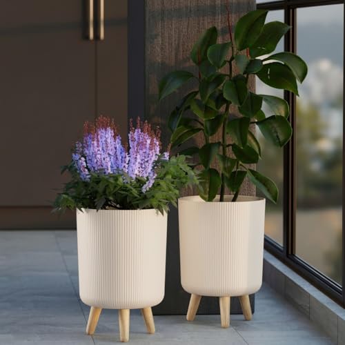 Image of StyleX Store Modern Flower Pot with Plastic Legs | Indoor Outdoor Planter for Home Garden Balcony Decor Ribbed Design Sturdy Plastic Mid-Century Style (Warm Beige Pack of 2)