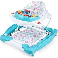 Maxmass 6-in-1 Baby Walker, Infant Activity Center With 3 Adjustable Heights, Light, Music, Wheels, Padded Seat, Rocker Mode And Food Tray, Foldable Toddler Push Along Walker For 6-18 Months (Blue