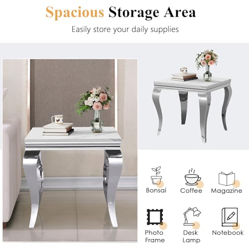Image of Luxury Marble Side Table, Square End Table with Faux Marble Tabletop & Silver Stainless Steel S Legs, Modern Sofa Side Table for Living Room, Bedroom, Home Decor