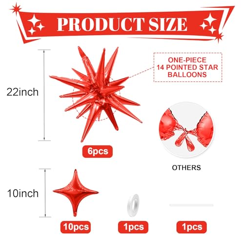 Red Star Balloons,6Pcs 22Inch Explosion Star Balloons and 10Pcs 10Inch Four Angle Balloon Kit for Christamas New Year Birthday Anniversary Party Decorations - Image 4
