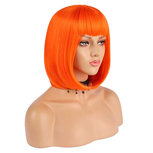 Enilecor Short Bob Hair Wigs 12" Straight With Flat Bangs Synthetic Colorful Cosplay Daily Party Wig For Women Natural As Real Hair+ Free Wig Cap (Orange) #TOP2