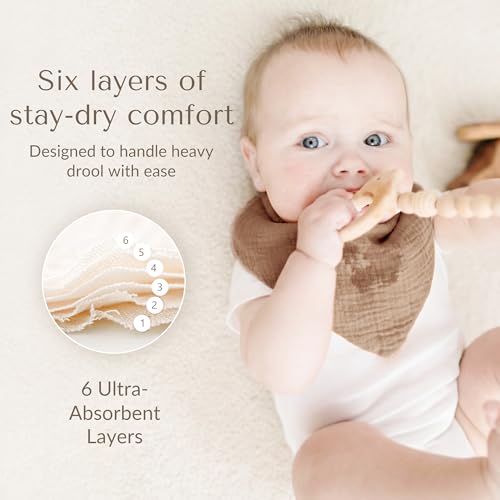 Image of Konssy 10 Pack Baby Muslin Bandana Bibs for Drooling and Teething | 100% Cotton Bibs for Boy Girl, Soft Absorbent 6-Layer Thick Cloth, Pre-Washed Less Shrinkage, Newborn Infant Toddler