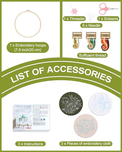 Image of Santune 3 Sets Embroidery Kit for Beginners Needlepoint Cross Stitch Kits for Adults,Stitch Learning DIY Sets with Instruction Video,Stamped Floral Patterns,Hoop,Threads,Sewing Kit