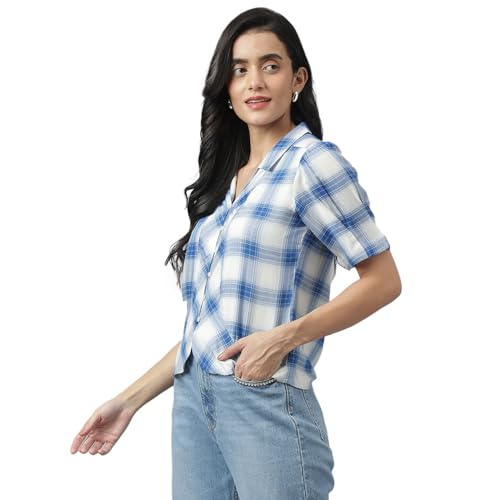 Image of Latin Quarters Women Blue Casual Check Half Sleeve Shirt
