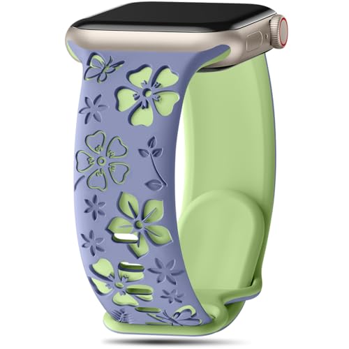 Floral Engraved Band Compatible with Apple Watch Band Women 40mm 38mm 41mm, Soft Silicone Two-Tone...