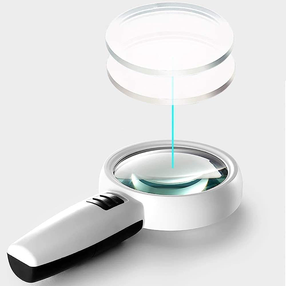 Vergrößerungsglas Mit Licht, 20- Bis 30-Fache Vergrößerung, Leichte Handlupe, Zum Lesen, Für Inspektionen Und Hobbys, Inklusive Reinigungstuch Und Tasche. Größe: Weiß, 95 Mm.