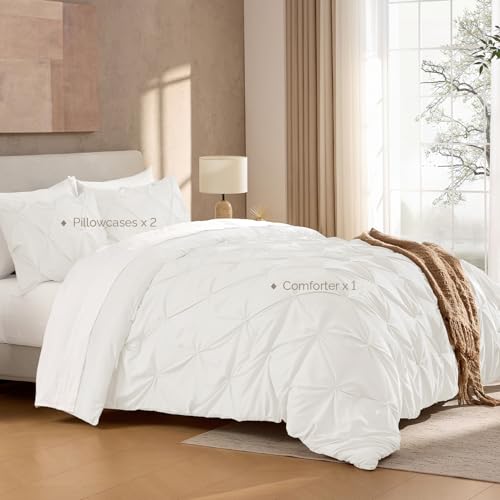 Image of Andency Oversized Queen Pinch Pleat Comforter Set (98 inchx98 inch),3 Piece Lightweight Pintuck Bedding Comforters & Sets, Fluffy Down Alternative Comforter with 2 Pillow Shams for All Season,Ivory