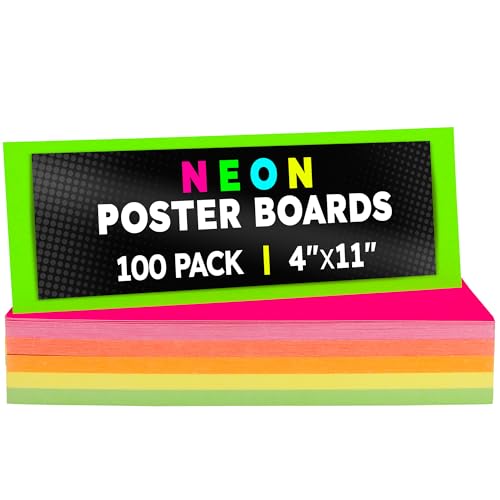 Image of Hygloss Small Poster Board 4x11 - 100 Assorted Neon Color Bulk Pack - 10 Pt. Thickness Colored Poster Board Paper for Projects, Flash Cards, Signs - Posterboard Multipack 4 inch x 11 inch